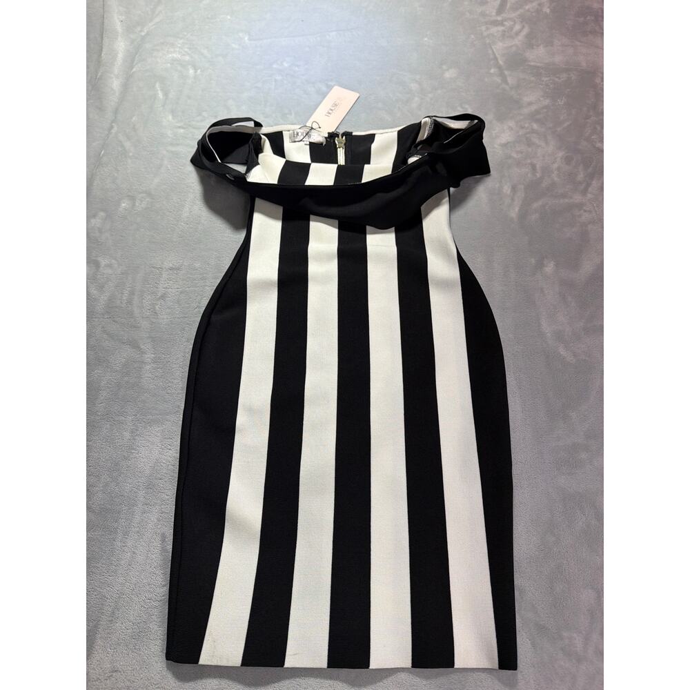NWT House of CB Black & White Striped Off-Shoulder Bandage Bodycon Dress S - Picture 3 of 5